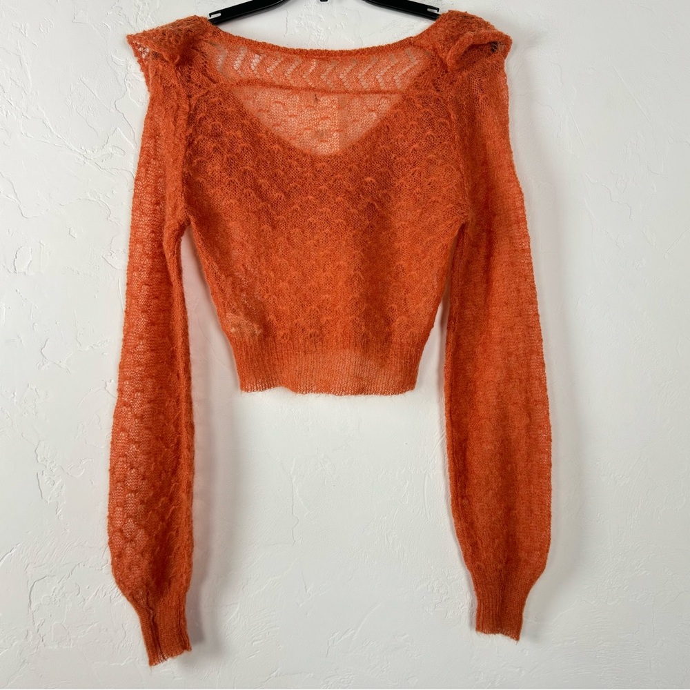 Free People Pullover Sweater Knit Top Macaroon Ruffle Collar Orange Mohair Soft - Picture 2 of 8